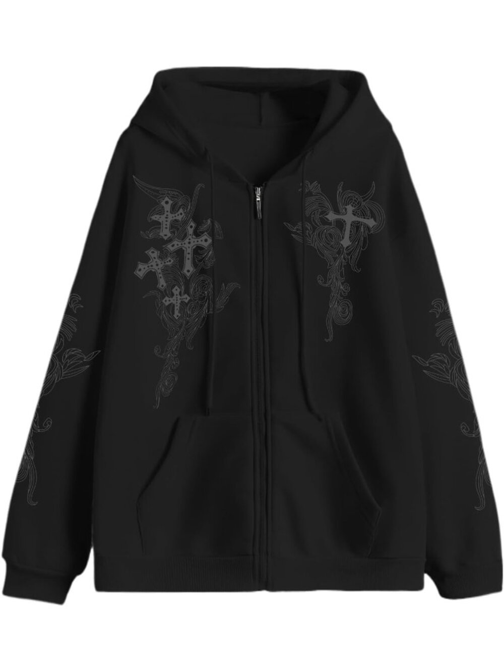 🆕 Women's Black Gothic Cross Graphic Zip Up Hoodie Y2K Grunge Streetwear Jacket